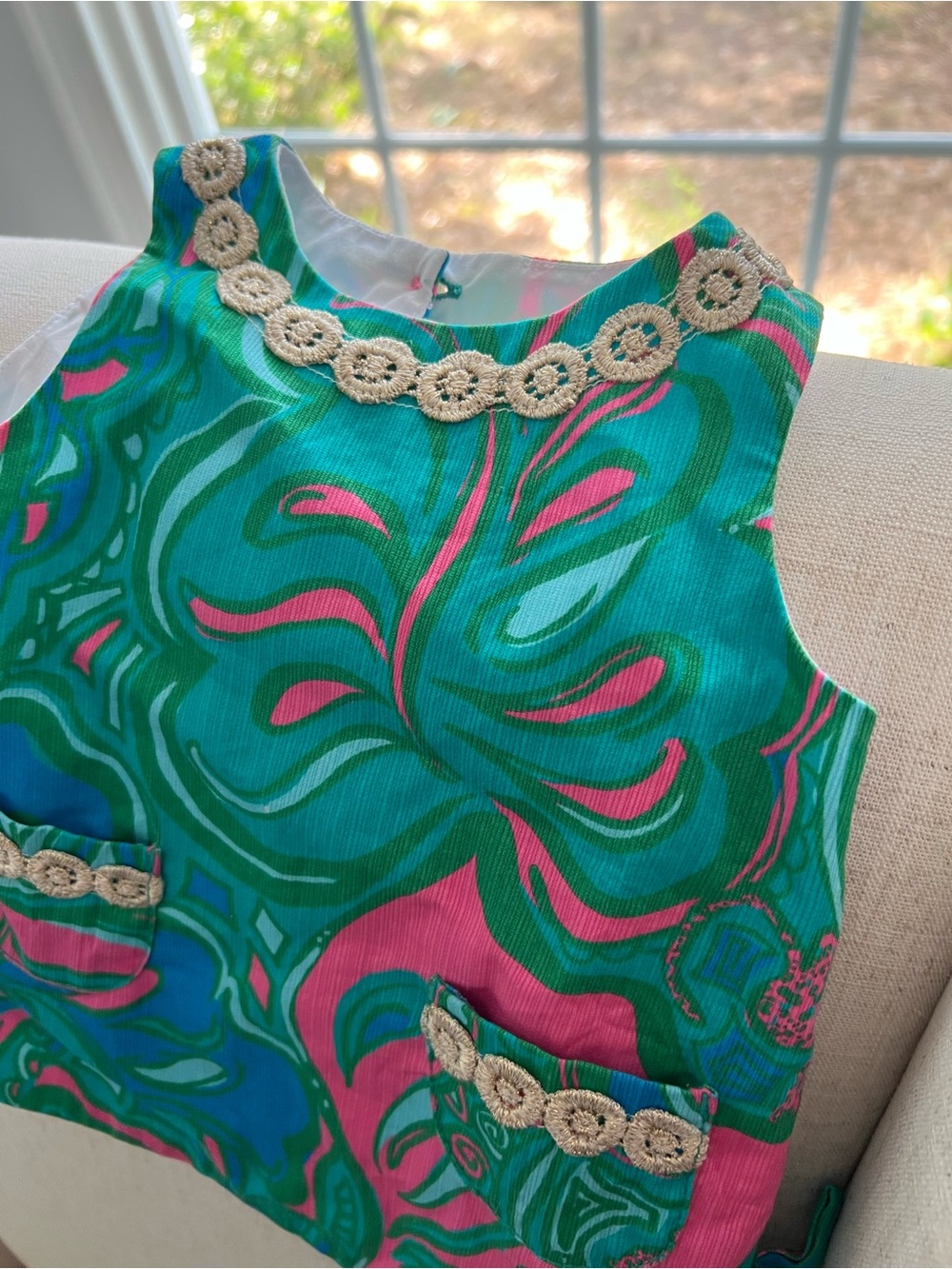 Lilly Pulitzer Vibrant Green & Pink Swirl Sleeveless Dress with Crochet Trim